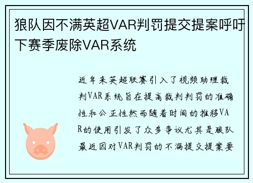 狼队因不满英超VAR判罚提交提案呼吁下赛季废除VAR系统